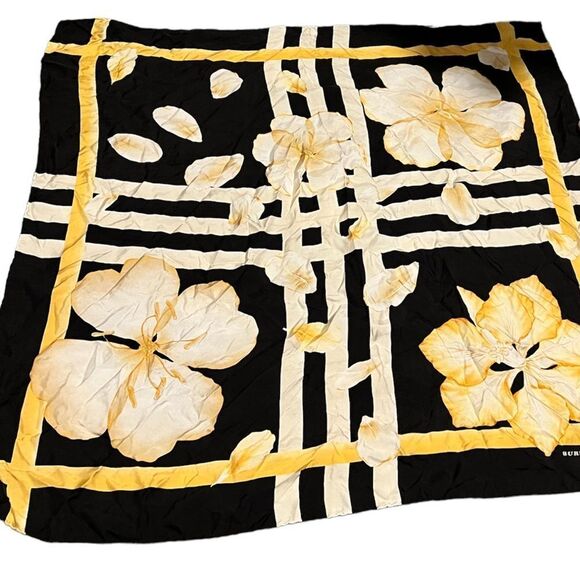 Burberry 100% Silk Square Scarf in Rare Floral Iconic Print in Black, Gold - Picture 1 of 6